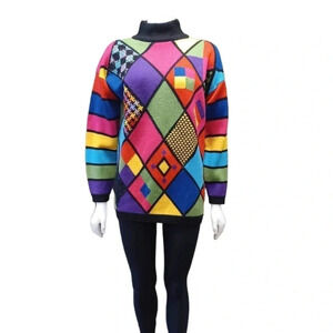 Simon Chang 100% Wool Geometric Turtleneck Sweater  Size Small